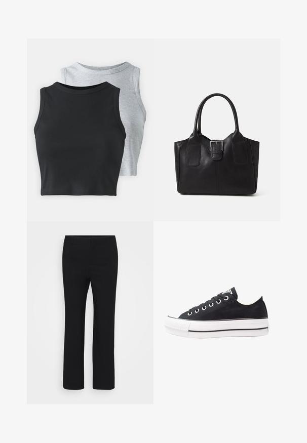 Even&Odd Petite 2 PACK - Top - light grey/black; Black trousers with a straight leg design, made from a smooth fabric. Features a flat waistband and no visible pockets. Minimalist style.; Black canvas sneaker with white rubber sole, round toe, low-top design, metal eyelets, and a textured toe cap. Thin black stripe along the sole.; Black leather tote bag with smooth texture, structured shape, two handles, and a prominent silver buckle detail on the front.