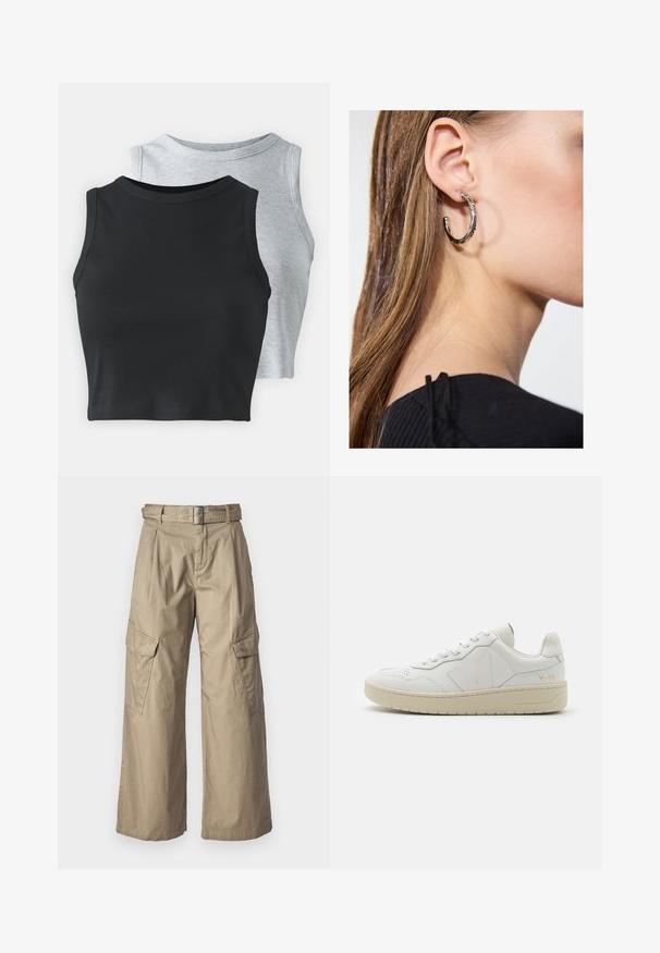 Even&Odd Petite 2 PACK - Top - light grey/black; Bež cargo hlače s širokimi nogavicami, ki vključujejo sprednje gube in dve cargo žepu na straneh. Narejene so iz lahkotnega materiala.; Bele usnjene športne copate s perforiranim sprednjim delom, kontrastno bež gumijasto podplatom in logotipom na strani in peti. Minimalistična zasnova.; Srebrna obročasta uhana s polirano površino, ki vključuje majhne zlate poudarke in okroglo obliko, nošena na ušesnem lobu.