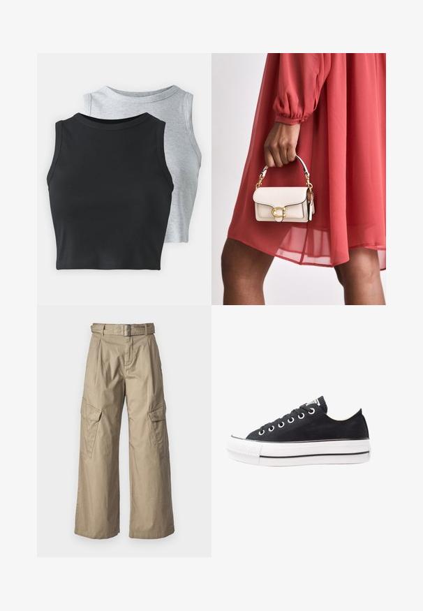 Even&Odd Petite 2 PACK - Tops - light grey/black; Bēša kravas bikses ar plašu kāju dizainu, kurām ir priekšējās grumbas un divas kabatas sānos. Izgatavotas no viegla auduma.; Melnas kanvas kedas ar baltu gumijas zoli, apaļi purngali, zema dizaina, metāla acu caurumi un teksturēts purngals. Plāna melna svītra gar zoli.; Balta ādas somiņa ar taisnstūrveida formu, zelta furnitūru un īsu ķēdes rokturi, turēta rokā, kopā ar sarkanu kleitu.