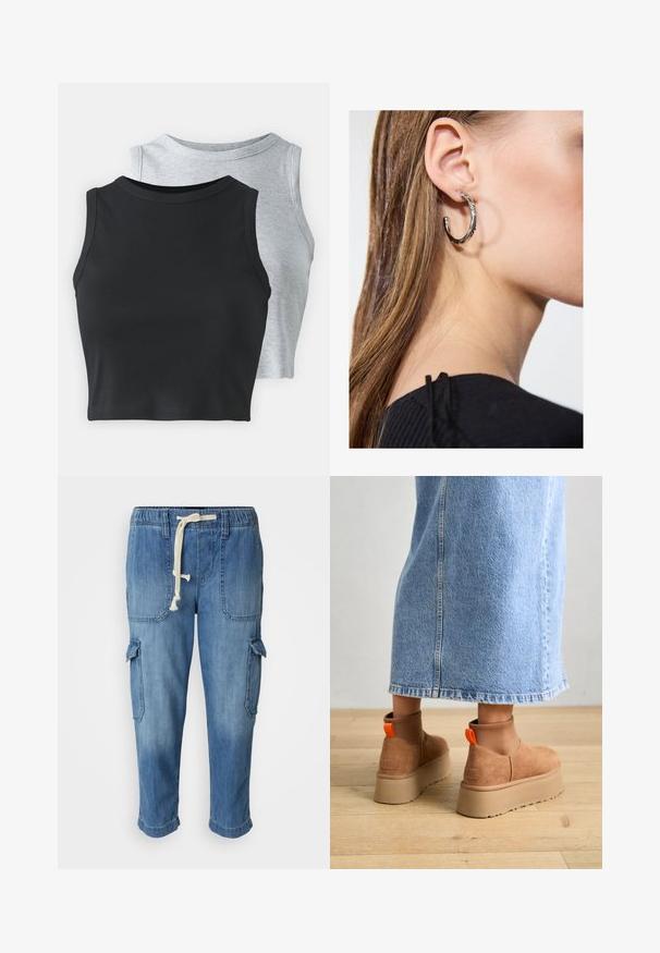 Even&Odd Petite 2 PACK - Top - light grey/black; Modre denim cargo hlače z elastičnim pasom, stranskimi žepi in zavihanimi manšetami, ki se ponašajo z mehkobo in teksturiranim zaključkom.; Rjave suede platform čizme z elastičnimi stranskimi paneli in oranžnimi zankami, v kombinaciji s svetlobno denim krilom do kolen na lesenem tleh.; Srebrna obročasta uhana s polirano površino, ki vključuje majhne zlate poudarke in okroglo obliko, nošena na ušesnem lobu.