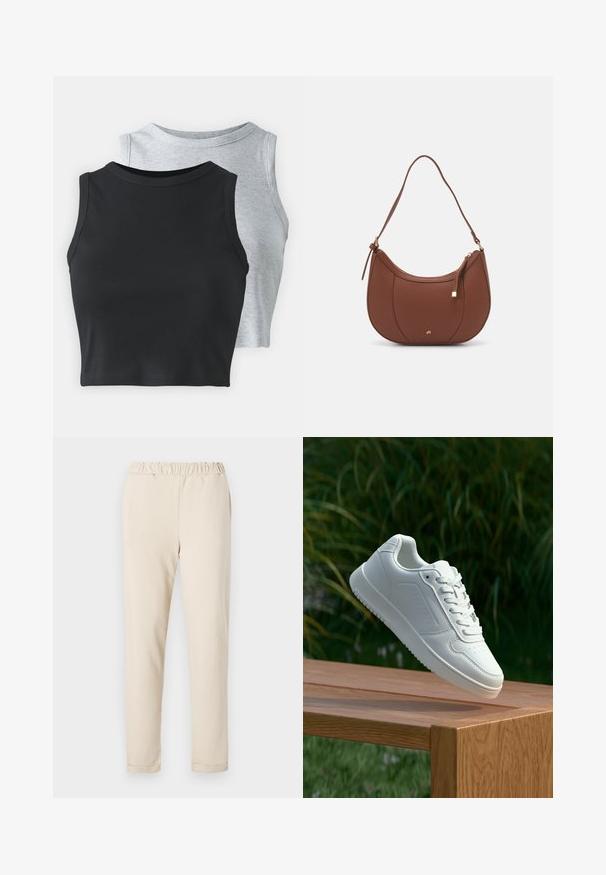 Even&Odd Petite - Top; Beżowe bawełniane spodnie z marszczonym pasem, prostym krojem oraz bez widocznych wzorów, z gładką fakturą i prostym wykończeniem.; Biały sneaker z gładką syntetyczną cholewą, perforowanym noskiem, płaskimi sznurowadłami i teksturowaną podeszwą, wyeksponowany na drewnianej powierzchni.; Brązowa torebka na ramię z eko-skóry o zaokrąglonym kształcie, z minimalnym przeszyciem i złotym akcentem na okuciach. Posiada zamek błyskawiczny u góry oraz regulowany pasek.; Srebrny kolczyk w kształcie koła z polerowanym wykończeniem, z małymi złotymi akcentami, noszony na płatku ucha.