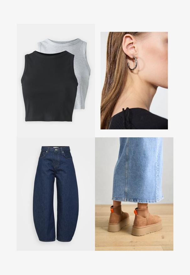 Even&Odd Petite 2 PACK - Top - light grey/black; Hoge taille donkerblauwe denim jeans met wijde benen, voorzijde met knoop en ritssluiting en klassiek vijf-pocket ontwerp.; Bruine suède platformlaarzen met elastische zijkanten en oranje trekbandjes, gecombineerd met een lichtdenim rok tot de knie op een houten vloer.; Zilveren oorbel met een gepolijste afwerking, met kleine gouden accentdetails en een ronde vorm, gedragen op de oorlel.