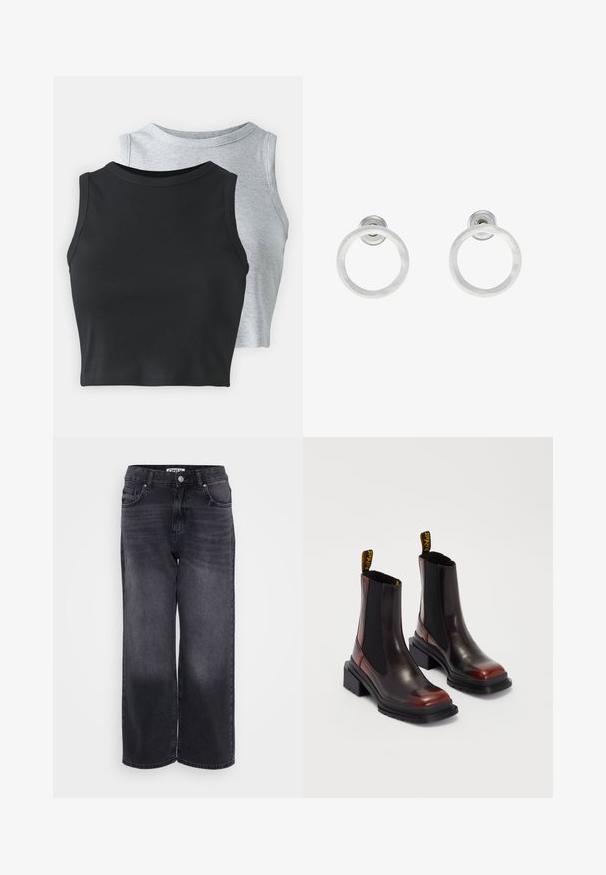 Even&Odd Petite 2 PACK - Top - light grey/black; Široke denimske hlače v zbledeli črni barvi. Imajo klasičen pet-žepni dizajn, kovinsko zaponko in subtilne detajle šivanja.; Dr. Martens MAYBOLE CHELSEA - Gležnjarji s platformo - black/cherry red; Srebrni kovinski obročasti uhani z brušenjem, s krožno obliko in prozornim zatičem za varno nošenje.