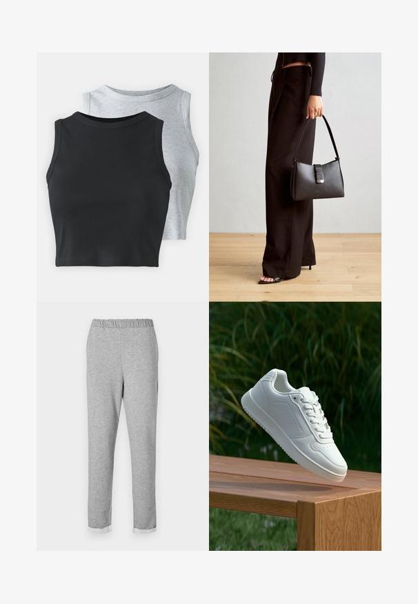 Even&Odd Petite 2 PACK - Top - light grey/black; Gray sweatpants with an elastic waistband, tapered leg design, and folded cuff at the hem. Soft texture without visible patterns or accents.; White sneaker with a smooth synthetic upper, perforated toe box, flat laces, and a textured sole, displayed on a wooden surface.; Black handbag with structured shape, smooth texture, and a metallic clasp. Paired with wide black pants and open-toe sandals on wooden floor.; Silver hoop earring with a polished finish, featuring small gold accent details and a round shape, worn on the lobe.