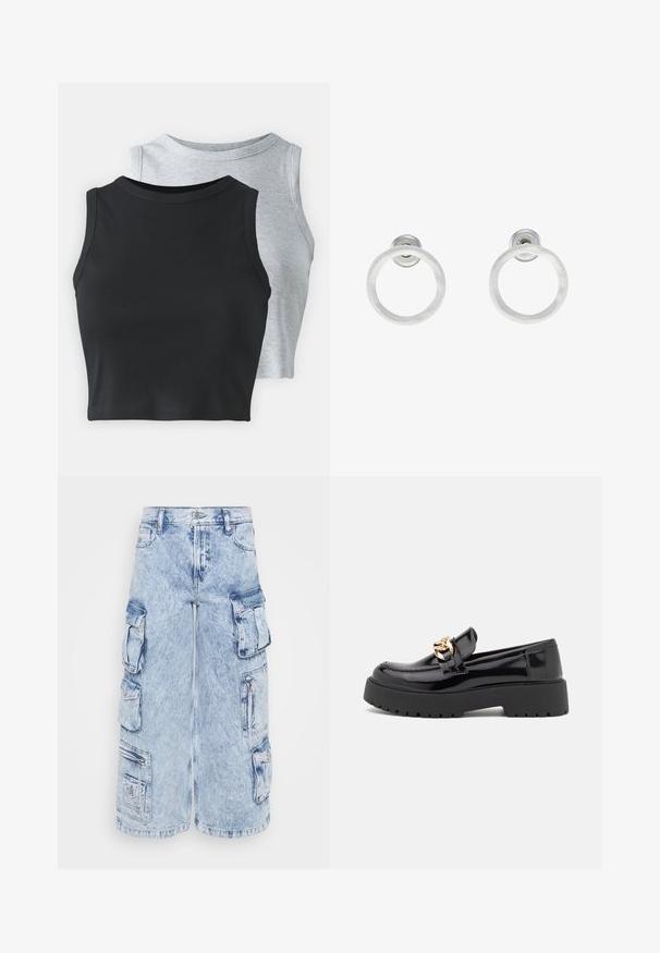 Even&Odd Petite 2 PACK - Tops - light grey/black; Gaiši zili džinsu šorti ar daudzām sānu kabatām, ar pogu aizdari un brīvu piegriezumu. Novecojusi tekstūra uzlabo kopējo dizainu.; Melni lakoti mokasīni ar masīvu melnu zoli un zelta aksesuāriem. Gluda tekstūra un noapaļota purngala dizains.; Sudraba metāla gredzenveida auskari ar matētu faktūru, ar apaļu dizainu un caurspīdīgu aizdari, lai nodrošinātu drošu valkāšanu.