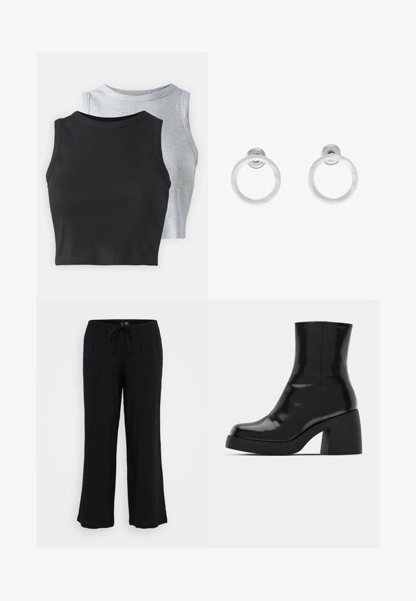 Even&Odd Petite 2 PACK - Top - light grey/black; Črne, lahke široke hlače z elastičnim pasom in vrvico. Gladka tekstura, brez vidnih vzorcev ali dodatkov.; Črne gležnjarje z sijajno površino, kvadratnim nosom in debelim blokskim peto. Oblikovanje izstopa s brezšivno silhueto in minimalnim logotipiranjem.; Srebrni kovinski obročasti uhani z brušenjem, s krožno obliko in prozornim zatičem za varno nošenje.