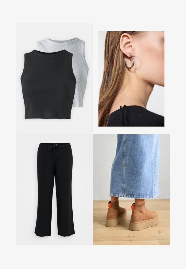 Even&Odd Petite 2 PACK - Felső - light grey/black; Fekete, könnyű, bő szárú nadrág, gumis derékrésszel és zsinórral. Sima textúra, látható minták vagy díszítések nélkül.; Barna velúr platform csizmák elasztikus oldalsó panelekkel és narancssárga húzófülekkel, amelyek egy térdközépig érő világoskék farmer szoknyával vannak párosítva egy fás padlón.; Ez egy ezüst fülbevaló, sima felülettel, amelyen apró arany díszítőelemek találhatók. Kerek formájú és a fülcimpán viselik.