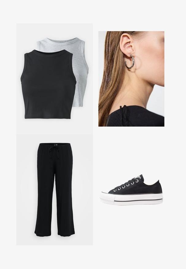 Even&Odd Petite 2 PACK - Top - light grey/black; Čierne, ľahké, nohavice so širokými nohavicami a elastickým pásom s šnúrkou. Hladký povrch, bez viditeľných vzorov alebo akcentov.; Čierne plátenné tenisky s bielou gumovou podrážkou, okrúly špic, nízky dizajn, kovové očká a textúrovaný špic. Tenký čierny pruh pozdĺž podrážky.; Strieborná kruhová náušnica s lesklým povrchom, obsahujúca malé zlaté akcenty a okrúhly tvar, nosená na lalôčiku ucha.