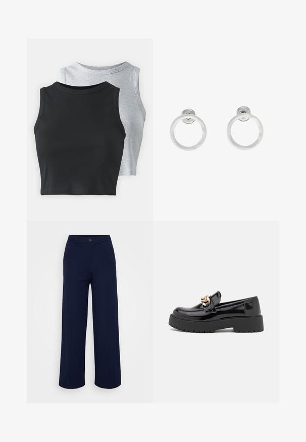 Even&Odd Petite - Top; Even&Odd Petite - Spodnie materiałowe; Czarne lakierowane loafersy z masywną czarną podeszwą i złotymi detalami. Gładka tekstura i zaokrąglony kształt noska.; Srebrne metalowe kolczyki w kształcie obręczy z matową teksturą, z okrągłym wzorem i przezroczystym zapięciem typu post, zapewniającym bezpieczne noszenie.