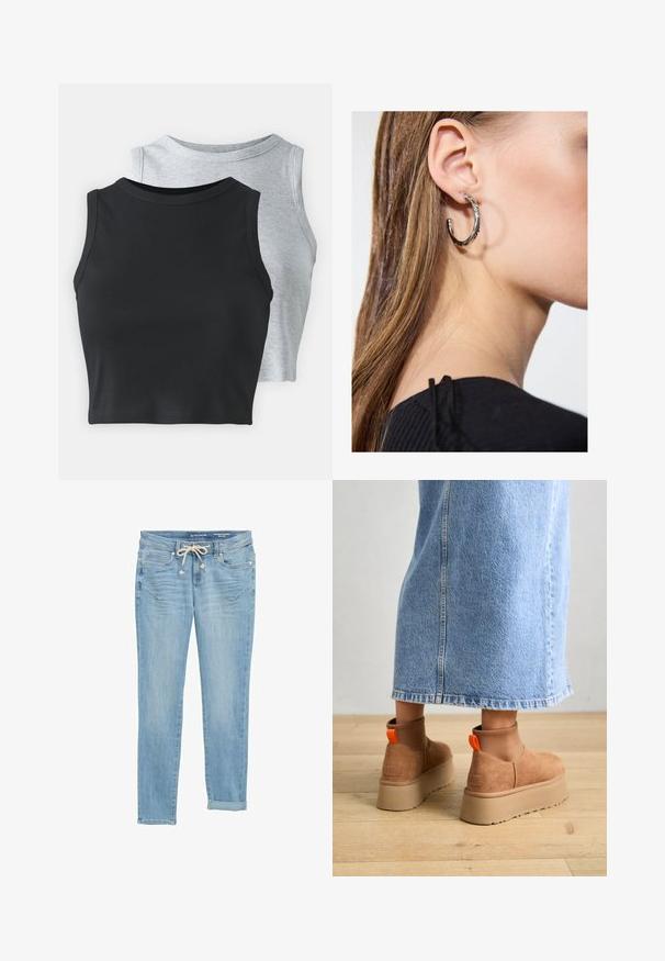 Even&Odd Petite 2 PACK - Toppi - light grey/black; Vaaleansiniset farkut suoran leikkauksen omaavina, joustavaan nyöriin varustettuna, käännetyillä lahkeilla ja etutaskuilla. Suunniteltu hienovaraisella kulumisella.; Ruske mokasine z platformo in elastiko na straneh ter oranžnimi zategovalnimi trakovi, v kombinaciji z osnovno dolžino svetle denim krila na lesenem podu.; Hopea renkaankorvakoru kiiltävällä pinnalla, jossa on pieniä kultaisia yksityiskohtia ja pyöreä muoto, käytetty korvalla.