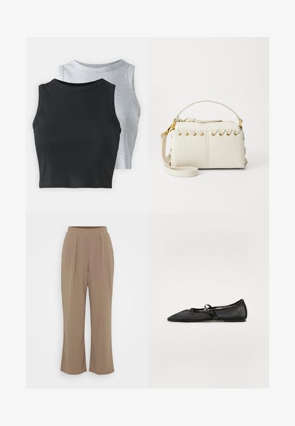 Even&Odd Petite 2 PACK - Topper - light grey/black; Brune, vide benbukser laget av myk tekstil med frontfold og elastisk midje for komfort. Rent, minimalistisk design.; Svart flat sko med spiss tå, mesh-overdel og lakk-lær detaljer. Har en tynn stropp med en sirkulær metall detalj.; Hvit faux lær håndveske med glidelås på toppen, kort håndtak og avtakbar crossbody stropp med gulltone hardware. Side snøring detalj.; Sølv ringøredob med en polert finish, med små gull detaljer og en rund form, båret på øreflippen.
