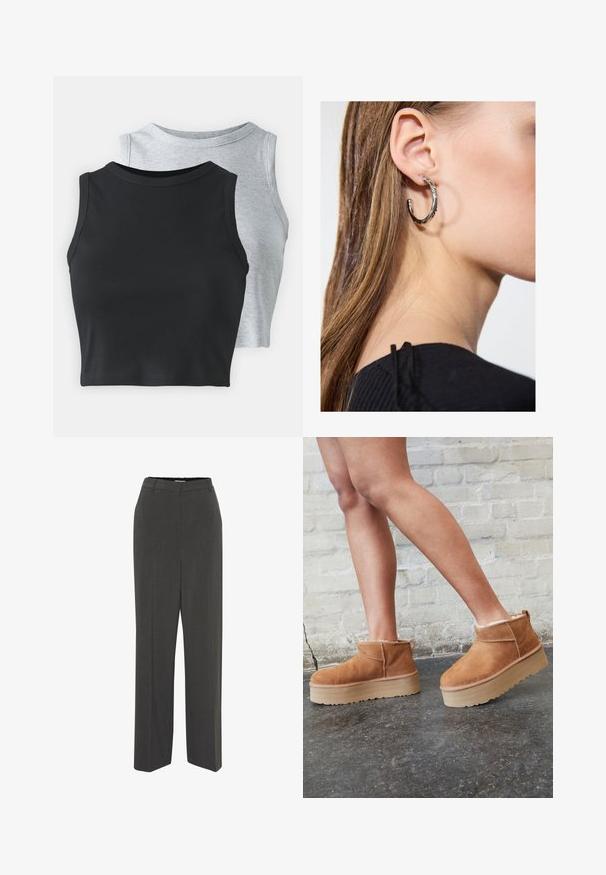 Even&Odd Petite 2 PACK - Top - light grey/black; Sive klasične hlače s ravnim prednjim dijelom, ravnim nogavicama, glatkom teksturom i bez vidljivih uzoraka ili ukrasa. Visoki struk.; Smeđi antilop čizmi do gležnja s mekanim postavljanjem, debljim bež platformski potplat i stražnjim povlačnim trakama. Teksturirana površina s vidljivim šavovima.; Srebrna kružna naušnica s poliranim završetkom, koja ima male zlatne detalje i okrugli oblik, nošena na uhu.