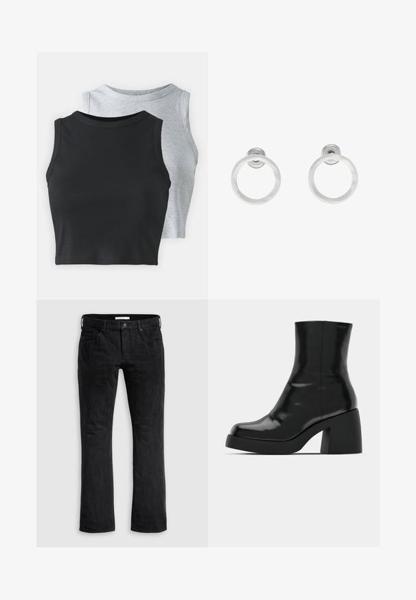 Even&Odd Petite 2 PACK - Linne - light grey/black; Svarta denimjeans med rak benmodell, med en klassisk femficksdesign, subtil vertikal textur och knäppning framtill.; Svarta ankelstövlar med en blank finish, fyrkantig tå och en tjock blockklack. Designen har en sömlös silhuett och minimal märkning.; Silvriga metallringörhängen med borstad yta, som har en cirkulär design och en genomskinlig stiftbaksida för säker användning.