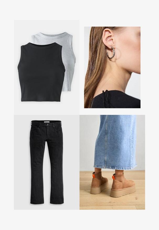 Even&Odd Petite 2 PACK - Top - light grey/black; Black denim jeans with a straight leg cut, featuring a classic five-pocket design, subtle vertical texture, and front button closure.; Brown suede platform boots with elastic side panels and orange pull tabs, paired with a knee-length light denim skirt on a wooden floor.; Silver hoop earring with a polished finish, featuring small gold accent details and a round shape, worn on the lobe.