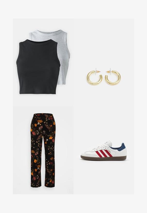 Even&Odd Petite 2 PACK - Top - light grey/black; Hlače širokog kroja s cvjetnim uzorkom u crnoj boji, s višebojnim cvjetovima, elastičnim pojasom i glatkom teksturom tkanine.; Bijeli trenerci s crvenim suedenim prugama, plavim suedenim naglaskom na peti i teksturiranom smeškom od smešnog gume. Ima zatvaranje na vezivanje i logo.; Zlatne kružne naušnice s glatkom, sjajnom završnom obradom. Kružni dizajn s malom potporom i prozirnom podlogom za sigurno nošenje.