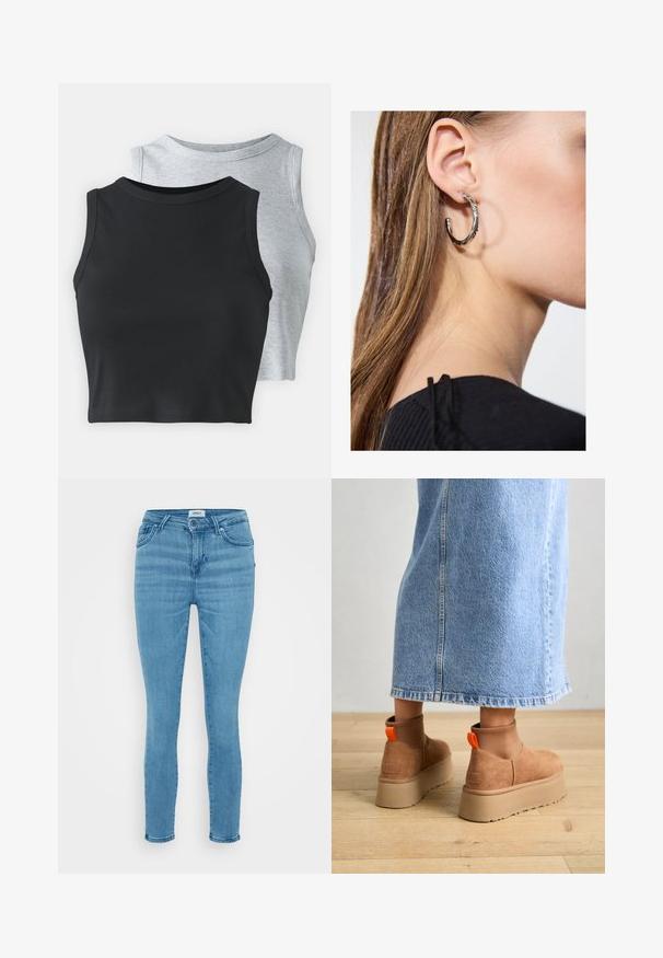 Even&Odd Petite 2 PACK - Top - light grey/black; Jeans skinny de denim azul claro com uma textura suave, design tradicional de cinco bolsos e fecho de botão. Corte simples e clássico.; Botas plataforma em camurça castanha com painéis laterais elásticos e puxadores laranja, combinadas com uma saia de ganga clara até ao joelho, em um chão de madeira.; Brinco de argola prateada com acabamento polido, apresentando pequenos detalhes em dourado e uma forma redonda, usado na orelha.