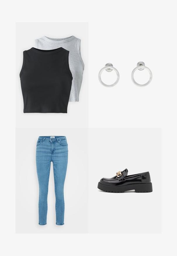 Even&Odd Petite 2 PACK - Tops - light grey/black; Gaiši zili džinsi ar skinny griezumu un gludu tekstūru, tradicionāla piecu kabatu dizains un pogu aizdare. Vienkāršs un klasiskas formas griezums.; Melni lakoti mokasīni ar masīvu melnu zoli un zelta aksesuāriem. Gluda tekstūra un noapaļota purngala dizains.; Sudraba metāla gredzenveida auskari ar matētu faktūru, ar apaļu dizainu un caurspīdīgu aizdari, lai nodrošinātu drošu valkāšanu.