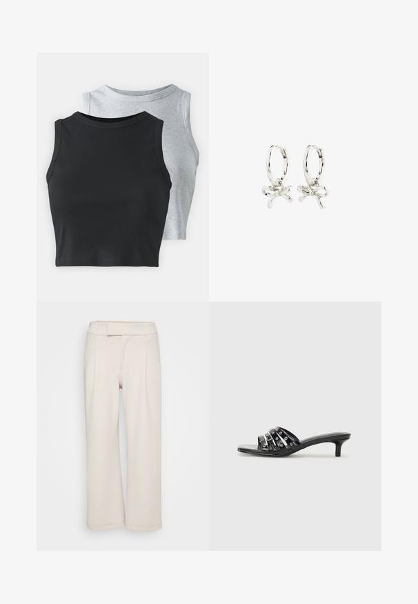Even&Odd Petite 2 PACK - Top - light grey/black; Beige weite Hosen aus weichem Stoff mit glatter Textur. Mit einem flachen Bund und zwei vorderen Falten.; Schwarze High Heels Sandalen mit mehreren glänzenden Riemen und metallischen Akzenten, mit einer spitzen Zehenform und moderaten Kittenheels. Glatte Textur.; Silberne Creolen mit einem Schleifen-Design, einer glatten Oberfläche und einer polierten Textur. Kompakter, minimalistischer Stil, geeignet für verschiedene Anlässe.