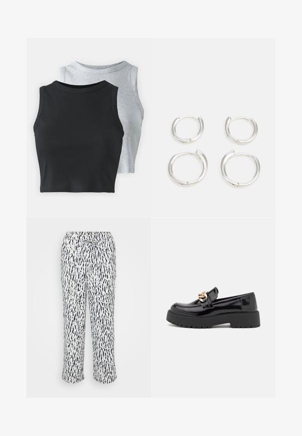 Even&Odd Petite 2 PACK - Top - light grey/black; Soft, lightweight pants in white with a navy abstract pattern. Features an elastic waistband with a drawstring for adjustable fit.; Black patent leather loafers with a chunky black sole and gold hardware detailing. Smooth texture and rounded toe design.; Silver hoop earrings, featuring a smooth, polished finish. Two pairs with a slightly different size. Simple, circular design, lightweight.