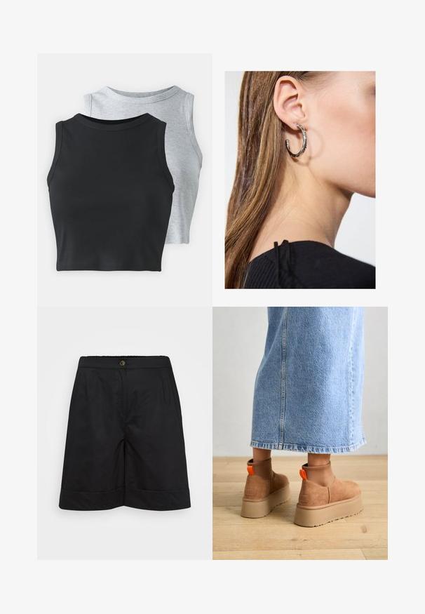 Even&Odd Petite 2 PACK - Linne - light grey/black; Svarta knälånga shorts tillverkade av lättviktsmaterial, med en slät textur, framfickor och en fållad kant. Guldknappstängning i midjan.; Bruna mockakängor med plattform och elastiska sidopaneler samt orange dragflikar, till kombinerade med en knälång ljus denimkjol på ett trägolv.; Silverörhänge med polerad yta, med små detaljer i guld och rund form, bärs på loben.