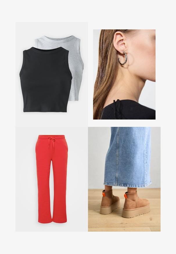 Even&Odd Petite 2 PACK - Top - light grey/black; Červené tepláky vyrobené z mäkkého bavlneného materiálu s elastickým pásom a sťahovacou šnúrkou, rovného strihu. Hladká textúra.; Hnedé zamskové platformové čižmy s elastickými bočnými panelmi a oranžovými ťahákmi, v kombinácii s sukňou z ľahkého denimu po kolená, na drevenej podlahe.; Strieborná kruhová náušnica s lesklým povrchom, obsahujúca malé zlaté akcenty a okrúhly tvar, nosená na lalôčiku ucha.