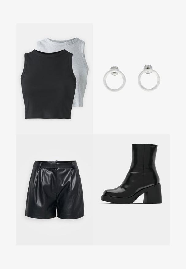 Even&Odd Petite 2 PACK - Viršus - light grey/black; Juodos odinės šortai su lygiu paviršiumi, turintys pritaikytą dizainą, priekinius klostes ir prisitaikančią juosmenį.; Juodi kulkšniniai batai su blizgiu paviršiumi, kvadratiniu pirštu ir storu blokiniu kulnu. Dizainas pasižymi be siūlių siluetu ir minimalia ženklinimo. ; Sidabriniai metaliniai auskarai žiedų pavidalu su šveitimo tekstūra, turintys apvalų dizainą ir skaidrų laikiklį saugiam dėvėjimui.