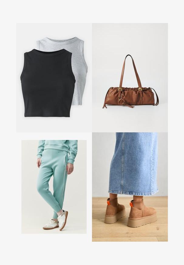 Even&Odd Petite 2 PACK - Top - light grey/black; Mätovo zelené tepláky s bielym postranným prešívaním, so zúženými manžetami a hladkou textúrou. Nosené s bielymi a béžovými teniskami s šnúrkami.; Hnedé zamskové platformové čižmy s elastickými bočnými panelmi a oranžovými ťahákmi, v kombinácii s sukňou z ľahkého denimu po kolená, na drevenej podlahe.; Hnedá kožená kabelka so zhrnutým vrcholom, nastaviteľnými popruhmi a kovovými akcentmi. Obsahuje okrúhly pletený detail na boku.; Strieborná kruhová náušnica s lesklým povrchom, obsahujúca malé zlaté akcenty a okrúhly tvar, nosená na lalôčiku ucha.