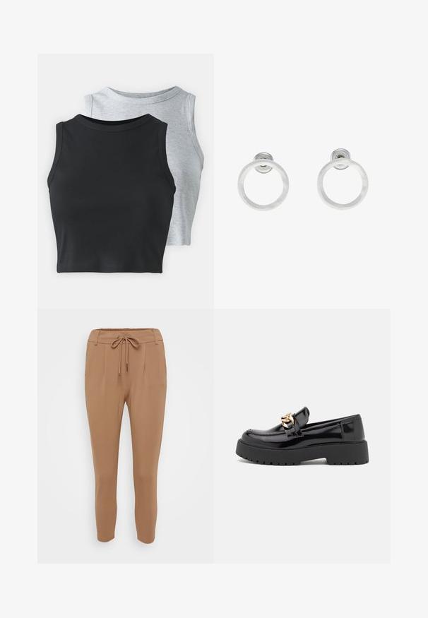 Even&Odd Petite 2 PACK - Top - light grey/black; Lichtbruine, taps toelopende broek van zachte stof, met een koord in de taille, voorplooien en elastische boorden bij de enkels.; Zwarte patenten leren loafers met een chunky zwarte zool en gouden hardware details. Gladde textuur en afgeronde tekening.; Zilveren metalen ringoorbellen met een geborstelde textuur, met een ronde vorm en een transparante bevestiging voor een veilige draagwijze.