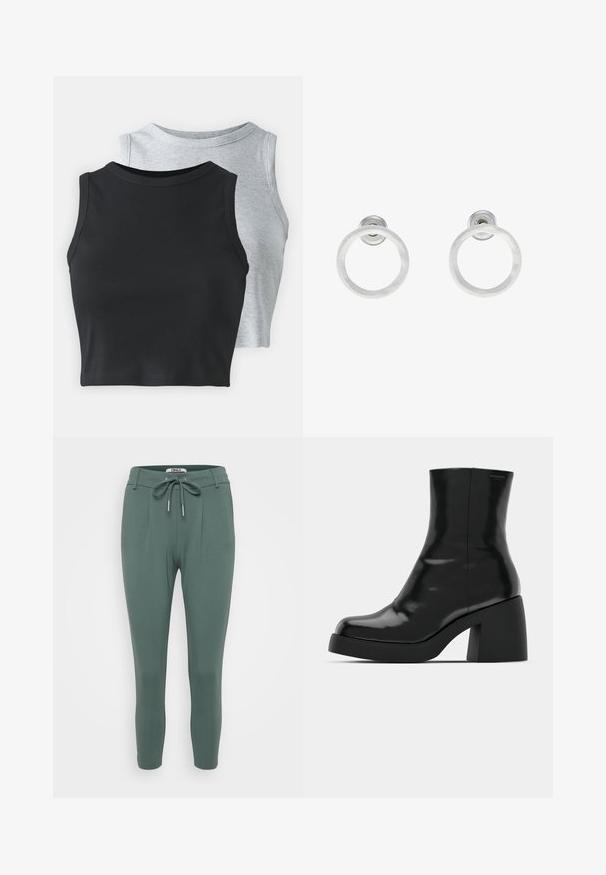 Even&Odd Petite 2 PACK - Viršus - light grey/black; Žalios, prigludusios kelnės, pagamintos iš minkštos, elastingos medžiagos. Yra raištelio liemuo, klostės ir siaurėjantys šlaunys. Paprastas ir minimalistas dizainas.; Juodi kulkšniniai batai su blizgiu paviršiumi, kvadratiniu pirštu ir storu blokiniu kulnu. Dizainas pasižymi be siūlių siluetu ir minimalia ženklinimo. ; Sidabriniai metaliniai auskarai žiedų pavidalu su šveitimo tekstūra, turintys apvalų dizainą ir skaidrų laikiklį saugiam dėvėjimui.