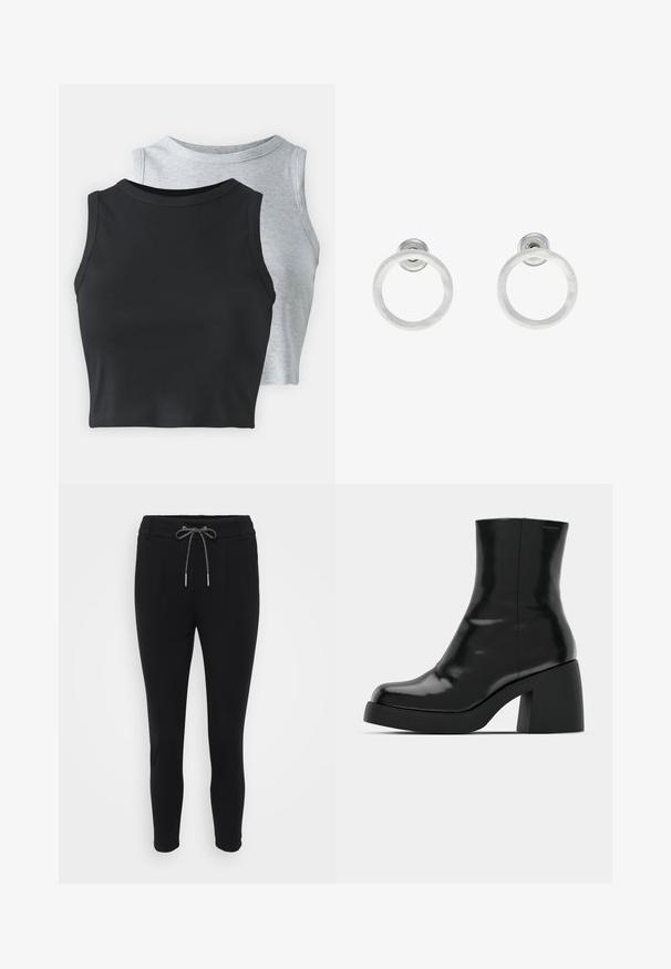 Even&Odd Petite 2 PACK - Top - light grey/black; Black tapered pants with a drawstring waistband, featuring two front pockets and a smooth, stretchy fabric texture.; Black ankle boots with a glossy finish, square toe, and a thick block heel. The design features a seamless silhouette and minimal branding.; Silver metal hoop earrings with a brushed texture, featuring a circular design and a clear post back for secure wear.