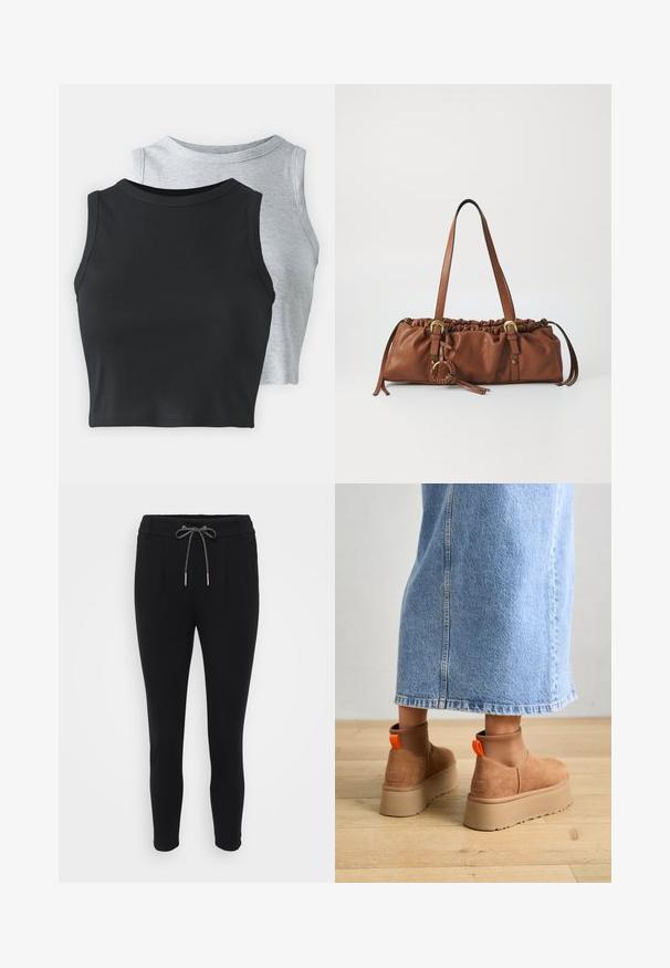 Even&Odd Petite 2 PACK - Débardeur - light grey/black; Pantalons noirs fuselés avec une taille élastique à cordon, présentant deux poches avant et une texture de tissu lisse et extensible.; Bottes en suède brun à plateforme avec des panneaux latéraux élastiques et des languettes orange, associées à une jupe en denim clair arrivant au genou sur un sol en bois.; Sac à main en cuir brun avec un dessus froncé, des sangles ajustables et des accents métalliques. Il présente un détail tressé rond sur le côté.; Boucle d'oreille en argent avec une finition polie, présentant de petits détails en or et de forme ronde, portée sur le lobe.