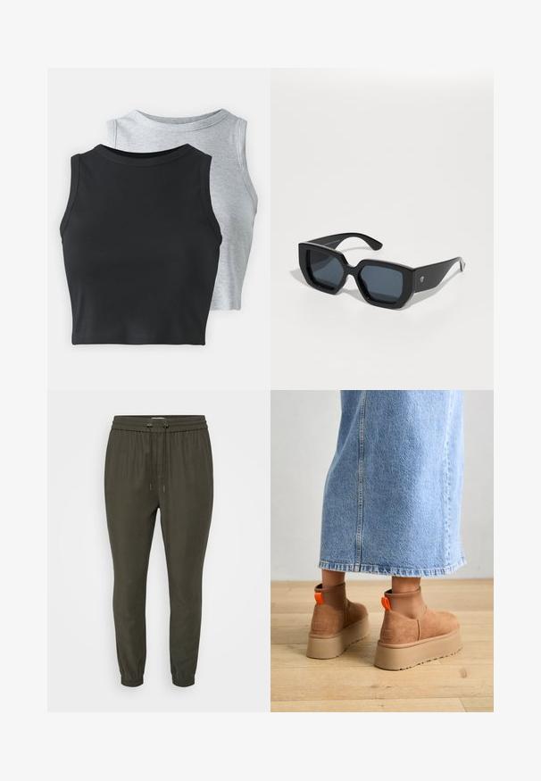 Even&Odd Petite 2 PACK - Top - light grey/black; Dunkelgrüne Jogginghose mit einem Kordelzugbund, schmal zulaufenden Bündchen und einer glatten, leichten Stofftextur. Schlichtes und funktionales Design.; Braune Wildleder-Plateau-Stiefel mit elastischen Seitenpaneelen und orangen Zuglaschen, kombiniert mit einem knielangen hellen Jeansrock auf einem Holzboden.; Schwarze, übergroße Sonnenbrillen mit geometrischem Design, rechteckigen Gläsern und glänzender Oberfläche. Keine sichtbaren Markenkennzeichnungen auf der Vorderseite.; Silberne Metall-Hoops Ohrringe mit gebürsteter Oberfläche, die ein kreisförmiges Design aufweisen und mit einem klaren Steckverschluss für einen sicheren Halt ausgestattet sind.