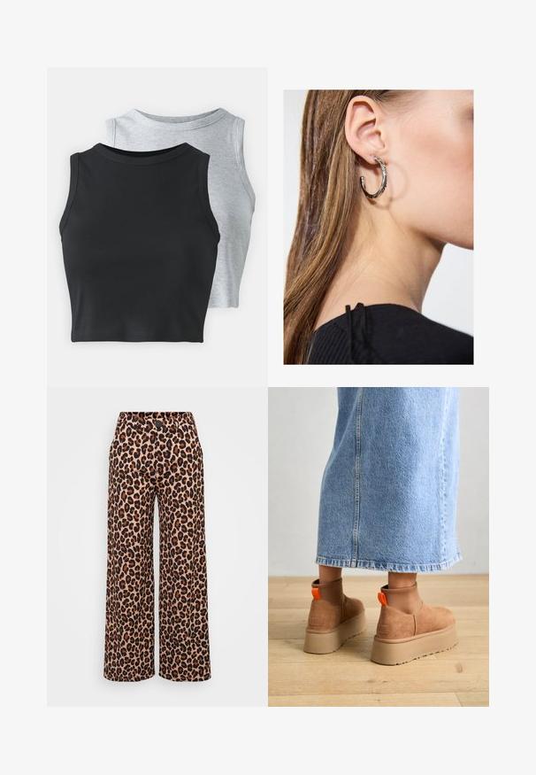 Even&Odd Petite 2 PACK - Tops - light grey/black; Even&Odd Petite Auduma bikses - brown; Brūni zamšādas platforma zābaki ar elastīgiem sānu paneļiem un oranžām cilpām, apvienoti ar līdz ceļgaliem garu gaišā denima svārku uz koka grīdas.; Sudraba auskars ar pulētu apdari, ar maziem zelta akcentiem un apaļu formu, uz ausu ļipiņas.