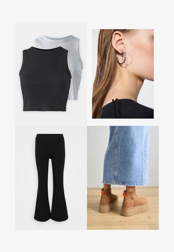 Even&Odd Petite 2 PACK - Top - light grey/black; Črne široke hlače z gladko teksturo in elastičnim pasom, prilegajočim se zgornjemu delu in širokimi odprtinami na robu.; Rjave suede platform čizme z elastičnimi stranskimi paneli in oranžnimi zankami, v kombinaciji s svetlobno denim krilom do kolen na lesenem tleh.; Srebrna obročasta uhana s polirano površino, ki vključuje majhne zlate poudarke in okroglo obliko, nošena na ušesnem lobu.