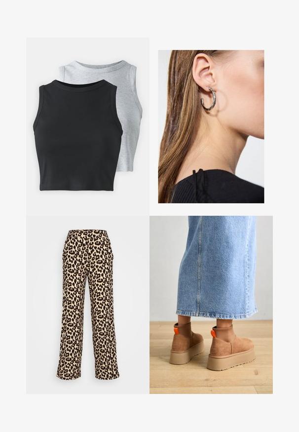 Even&Odd Petite 2 PACK - Top - light grey/black; Hlače širokih nogavic z leopardjim vzorcem v bež in črni barvi. Mehka tkanina, ki vsebuje klasičen živalski vzorec in elastičen pas.; Rjave suede platform čizme z elastičnimi stranskimi paneli in oranžnimi zankami, v kombinaciji s svetlobno denim krilom do kolen na lesenem tleh.; Srebrna obročasta uhana s polirano površino, ki vključuje majhne zlate poudarke in okroglo obliko, nošena na ušesnem lobu.
