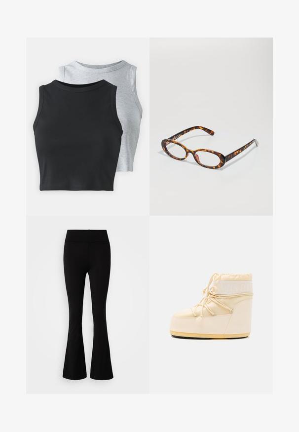 Even&Odd Petite 2 PACK - Top - light grey/black; Gina Tricot Petite SOFT TOUCH PETITE FOLDED FLARE TROUSERS - Hlače - black; Svijetlo bež Moon Boot s okruglim vrhom, zatvaranjem na vezicu i teksturiranim gumenim potplatom. Sadrži bijelo brendiranje i glatke sintetičke materijale.; Kornjačaste naočale ovalnog oblika s sjajnom završnom obradom, tankim ručkama i suptilnim uzorcima koji podsjećaju na tigrove pruge.