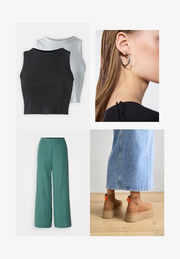 Even&Odd Petite 2 PACK - Top - light grey/black; Pantaloni a gamba larga di un solido colore teal, dotati di una vita elastica e di un tessuto leggero e testurizzato. Adatti per un abbigliamento casual.; Stivali platform in suede marrone con pannelli laterali elastici e linguette arancioni, abbinati a una gonna di jeans chiara, lunga fino al ginocchio, su un pavimento di legno.; Orecchino a cerchio in argento con finitura lucida, caratterizzato da piccoli dettagli in oro e una forma tondeggiante, indossato sul lobo.