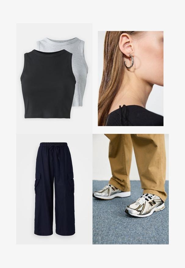 Even&Odd Petite 2 PACK - Top - light grey/black; Calças cargo em azul-marinho com ajuste descontraído, cintura elástica com cordão e dois bolsos laterais. Feitas de um tecido leve.; Sapatilhas New Balance em branco e prata com detalhes e atacadores pretos, apresentando uma parte superior em malha, sola acolchoada e design dinâmico.; Brinco de argola prateada com acabamento polido, apresentando pequenos detalhes em dourado e uma forma redonda, usado na orelha.