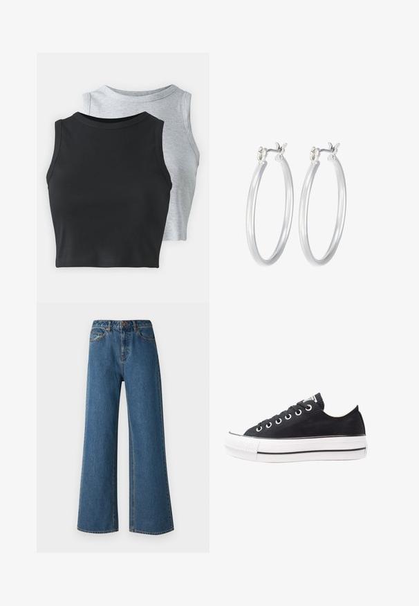 Even&Odd Petite - Top; Jasnoniebieskie dżinsy z szerokimi nogawkami i wysokim stanem, z dwiema przednimi kieszeniami i delikatnymi detalami przeszyć. Posiadają zapięcie na guzik i szlufki na pasek.; Czarne trampki na canvasie z białą gumową podeszwą, okrągłym noskiem, niskim fasonem, metalowymi oczkami oraz teksturowanym noskiem. Cienka czarna linia wzdłuż podeszwy.; Srebrne kolczyki w formie kółek o gładkim, polerowanym wykończeniu. O okrągłym kształcie i pewnym zapięciu na klik. Lekka konstrukcja odpowiednia do codziennego noszenia.