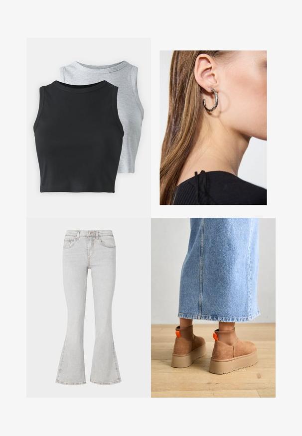 Even&Odd Petite 2 PACK - Top - light grey/black; Svetlošedé rozšírené džínsy s klasickým dizajnom piatich vreciek, slim fit cez stehná a rozšírenými manžetami pri členkoch.; Hnedé zamskové platformové čižmy s elastickými bočnými panelmi a oranžovými ťahákmi, v kombinácii s sukňou z ľahkého denimu po kolená, na drevenej podlahe.; Strieborná kruhová náušnica s lesklým povrchom, obsahujúca malé zlaté akcenty a okrúhly tvar, nosená na lalôčiku ucha.