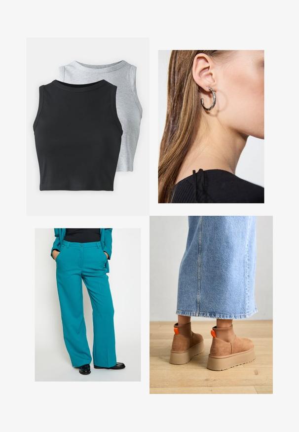 Even&Odd Petite 2 PACK - Toppi - light grey/black; Teal levele-housut, jotka on valmistettu sileästä kankaasta. Niissä on nappikiinnitys, vyölenkit ja sivutaskut käytännöllisyyden lisäämiseksi.; Ruske mokasine z platformo in elastiko na straneh ter oranžnimi zategovalnimi trakovi, v kombinaciji z osnovno dolžino svetle denim krila na lesenem podu.; Hopea renkaankorvakoru kiiltävällä pinnalla, jossa on pieniä kultaisia yksityiskohtia ja pyöreä muoto, käytetty korvalla.