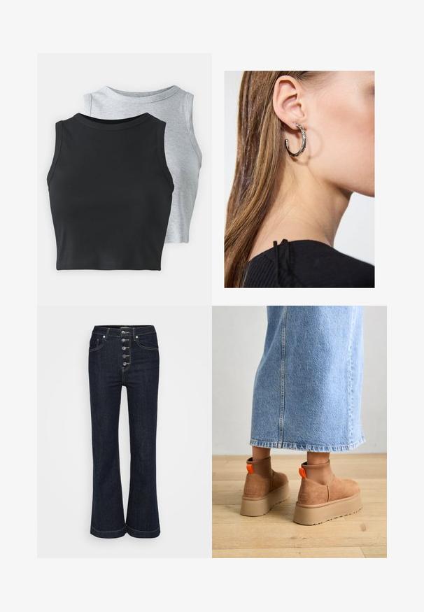 Even&Odd Petite 2 PACK - Viršus - light grey/black; Tamsiai mėlynos aukšto liemens platėjančios džinsinės kelnės su penkiais sidabriniais mygtukais priekyje ir kontrastingomis siūlėmis aplink kišenes bei siūles.; Rudos zomšiniai platforminiai batai su elastingomis šoniniais panirais ir oranžinėmis kilpomis, derinami su kelio ilgio šviesių džinsų sijonu ant medinių grindų.; Sidabrinė lankinė auskarai su poliruotu paviršiumi, turintys mažus auksinius akcentus ir apvalią formą, dėvimi ant ausies kaušelio.