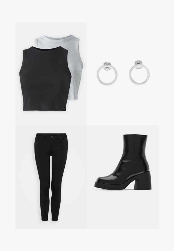 Even&Odd Petite 2 PACK - Top - light grey/black; Čierne skinny džínsy s priliehavým strihom, vybavené zipsom a gombíkom na zapínanie, piatimi vreckami a hladkou, elastickou textúrou.; Čierne členkové topánky s lesklým povrchom, štvorcovou špičkou a širokým blokovým opätkom. Dizajn sa vyznačuje bezšvovou siluetou a minimálnym brandingom.; Strieborné kovové náušnice vo forme kruhov s brúsenou textúrou, so zaobleným dizajnom a priehľadným zarážkou pre bezpečné nosenie.