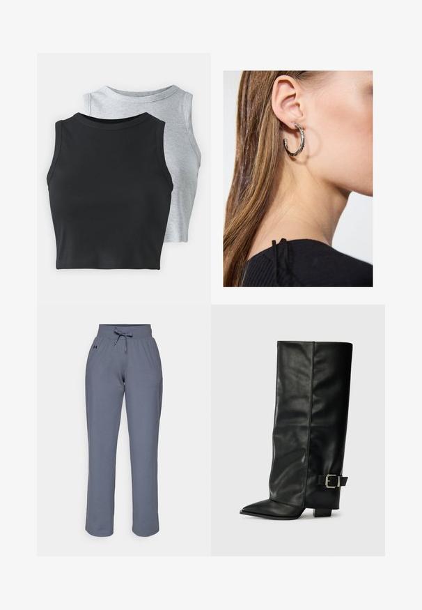 Even&Odd Petite 2 PACK - Topper - light grey/black; Grå joggebukser laget av myk stoff, med elastisk midje, snor og en logo på siden. Rett ben-design.; Svarte lær ankelstøvler med spiss tå, glatt tekstur og en sølvspenne aksent på siden. Kraftig firkantet hæl.; Sølv ringøredob med en polert finish, med små gull detaljer og en rund form, båret på øreflippen.