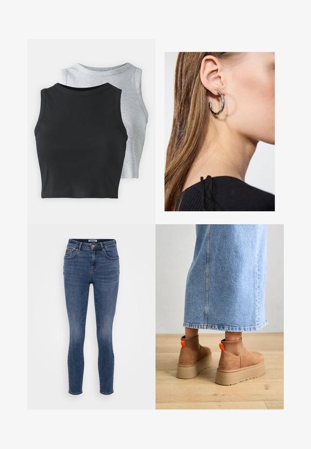 Even&Odd Petite 2 PACK - Top - light grey/black; Tmavě modré skinny džíny vyrobené z jemného denimu, design s pěti kapsami a detail měděného knoflíku v pase.; Hnědé semišové platformové boty s elastickými bočními panely a oranžovými poutky, spárované s sukní z jasného denimu ke kolenům na dřevěné podlaze.; Stříbrný kruhový náušník s lesklým povrchem, zdobený malými zlatými akcenty, v kulatém tvaru, nošený na lalůčku.