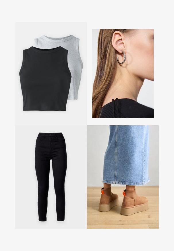 Even&Odd Petite 2 PACK - Top - light grey/black; Jeans skinny pretos com uma cintura alta, feitos de denim elástico. Apresenta um fecho frontal com botão e dois bolsos traseiros. Textura suave.; Botas plataforma em camurça castanha com painéis laterais elásticos e puxadores laranja, combinadas com uma saia de ganga clara até ao joelho, em um chão de madeira.; Brinco de argola prateada com acabamento polido, apresentando pequenos detalhes em dourado e uma forma redonda, usado na orelha.