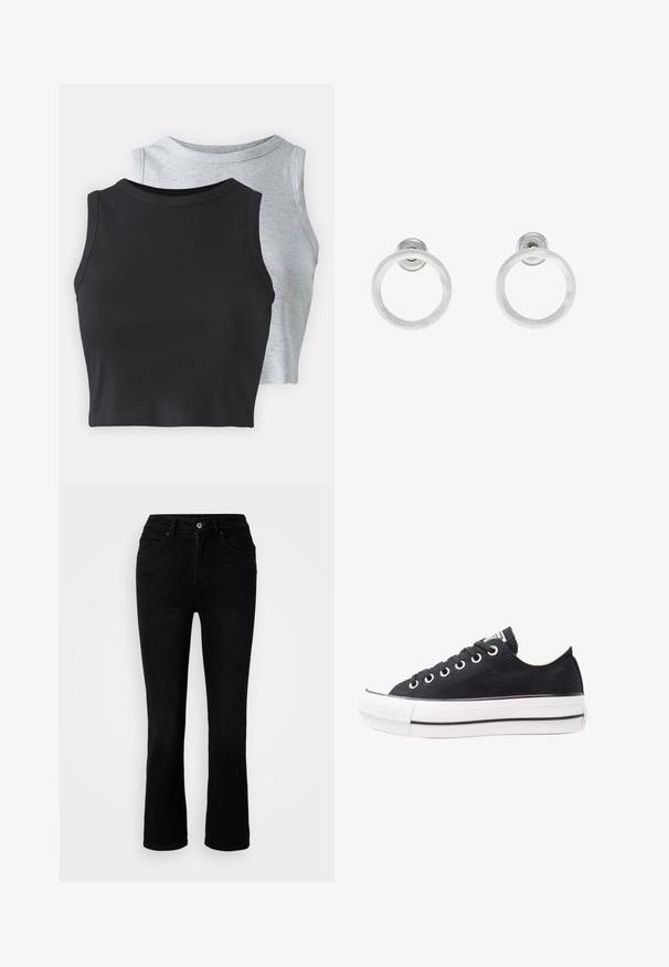 Even&Odd Petite 2 PACK - Top - light grey/black; ONLY Petite ONLEVERLY SWEET FLARED - Bootcut jeans - washed black; Black canvas sneaker with white rubber sole, round toe, low-top design, metal eyelets, and a textured toe cap. Thin black stripe along the sole.; Silver metal hoop earrings with a brushed texture, featuring a circular design and a clear post back for secure wear.