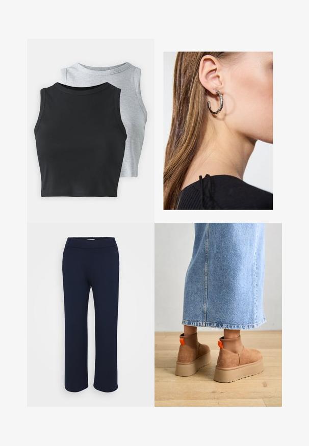 Even&Odd Petite 2 PACK - Top - light grey/black; Marineblauwe rechte broek van rekbare stof, met een platte tailleband en twee zijzakken voor functionaliteit.; Bruine suède platformlaarzen met elastische zijkanten en oranje trekbandjes, gecombineerd met een lichtdenim rok tot de knie op een houten vloer.; Zilveren oorbel met een gepolijste afwerking, met kleine gouden accentdetails en een ronde vorm, gedragen op de oorlel.