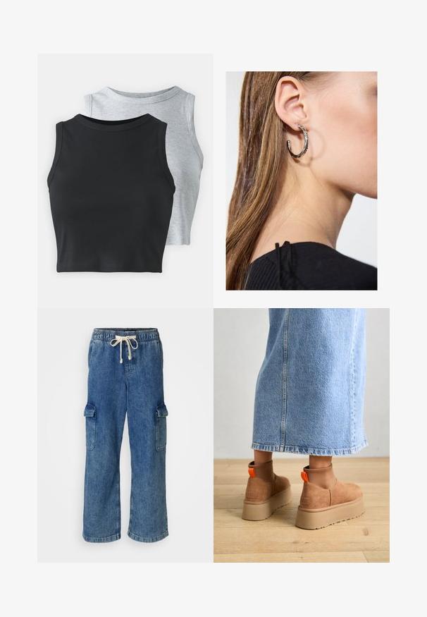 Even&Odd Petite 2 PACK - Top - light grey/black; Blue denim cargo pants with an elastic waistband and drawstring, featuring two large side pockets and a wide-leg design.; Brown suede platform boots with elastic side panels and orange pull tabs, paired with a knee-length light denim skirt on a wooden floor.; Silver hoop earring with a polished finish, featuring small gold accent details and a round shape, worn on the lobe.