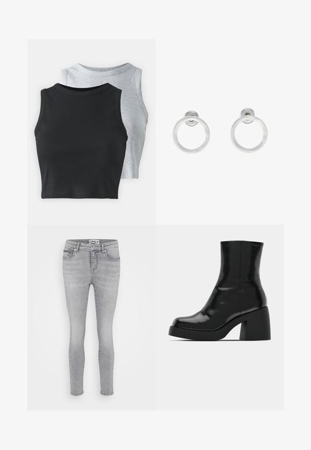 Even&Odd Petite 2 PACK - Top - light grey/black; Grå denim skinny jeans med fem-lomme design, knaplukning og bæltestropper. Stoffet har en glat tekstur og let falmning over det hele.; Sorte ankelstøvler med en blank finish, firkantet tå og en tyk blokhæl. Designet har en strømlinet silhuet og minimal branding.; Sølvmetalløreringe med en børstet tekstur, der har et cirkulært design og en klar post til sikker bæring.
